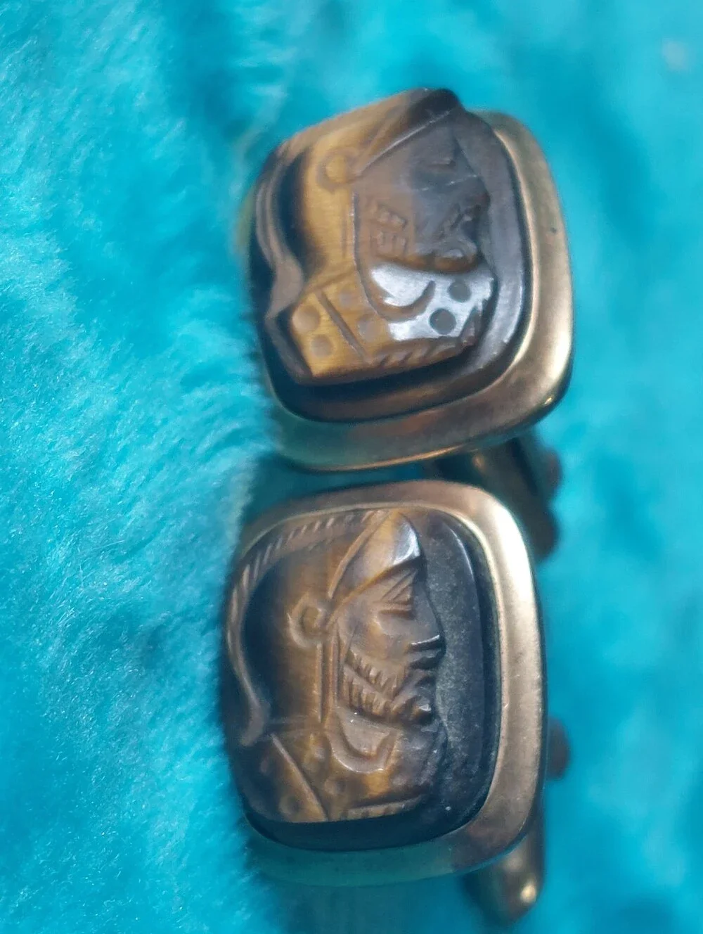 Vintage 3-Pc Mid-Century Tiger Eye Cameo Roman Soldier Cufflinks 12K Gold Filled